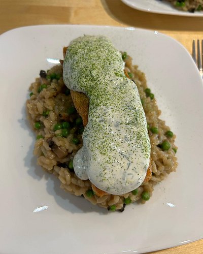 Olive oil poached salmon on a bed of mushroom risotto and sour cream dill sauce.
Something @cowboychefnewton might like at th...