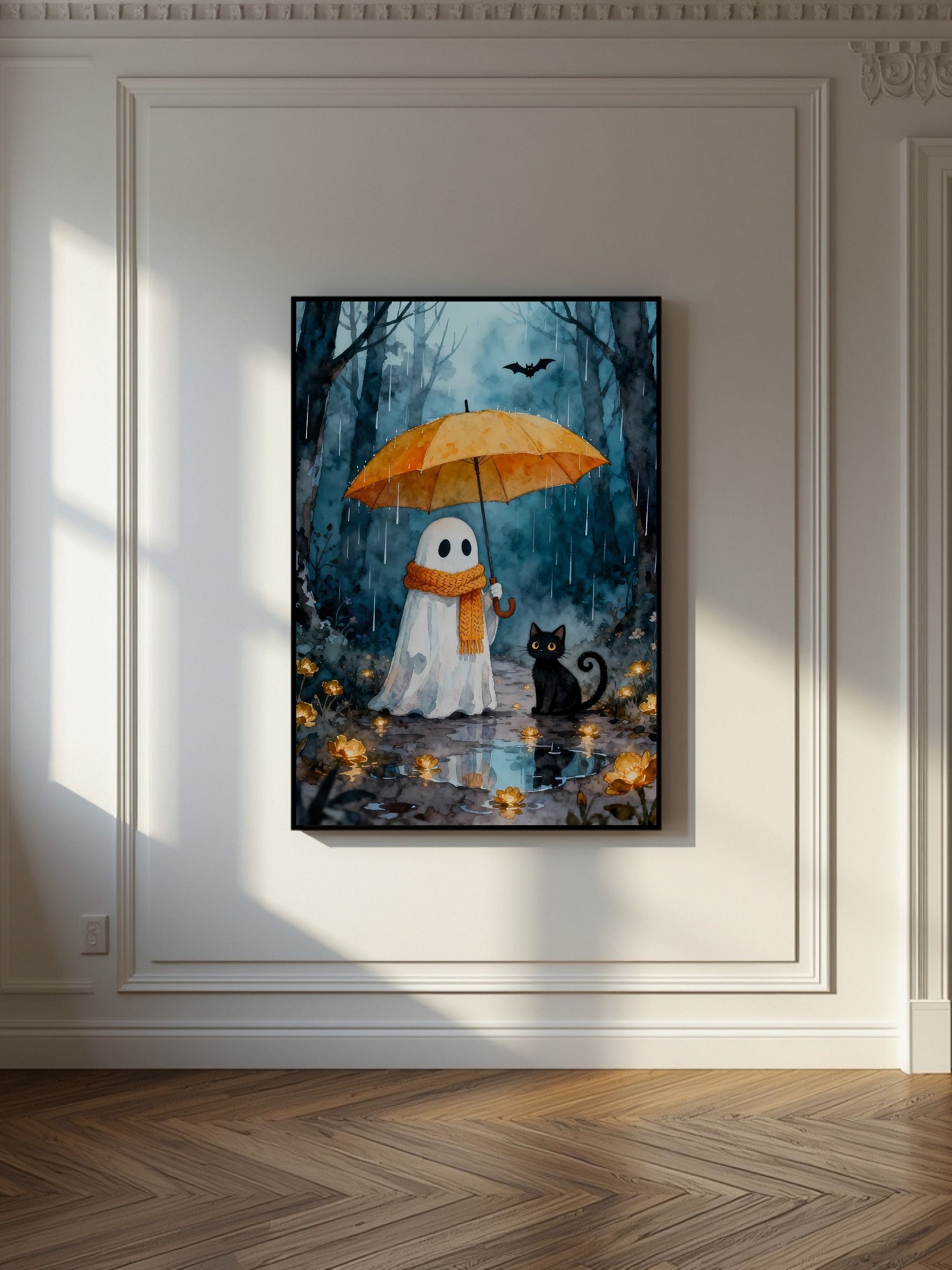 Watercolor Ghost & Black Cat Wall Art | Rainy Forest Umbrella Illustration | Printable Digital Art in Multiple Sizes product image (1)