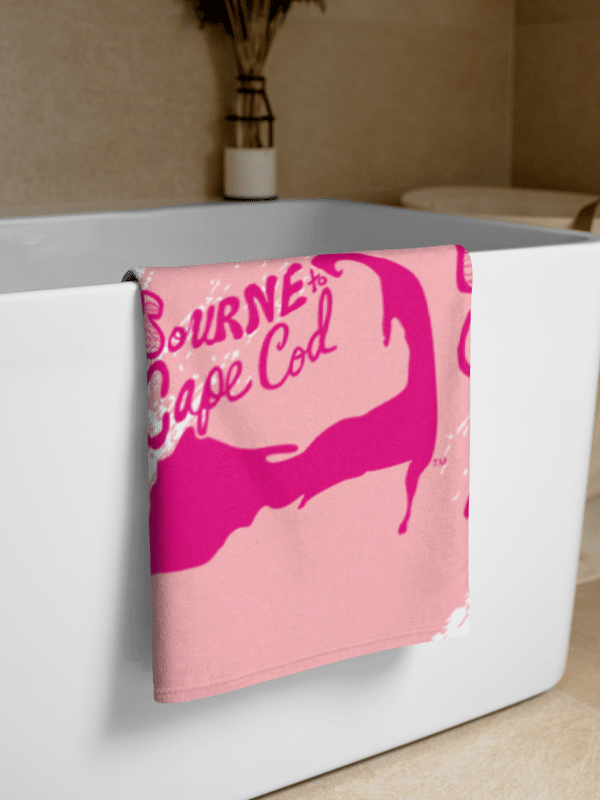 BOURNE to Cape Cod™ | Coastal Classic Beach Towel | All-Over Logo Print | Vibrant Pink Logo on Pink and White Splash product image (2)