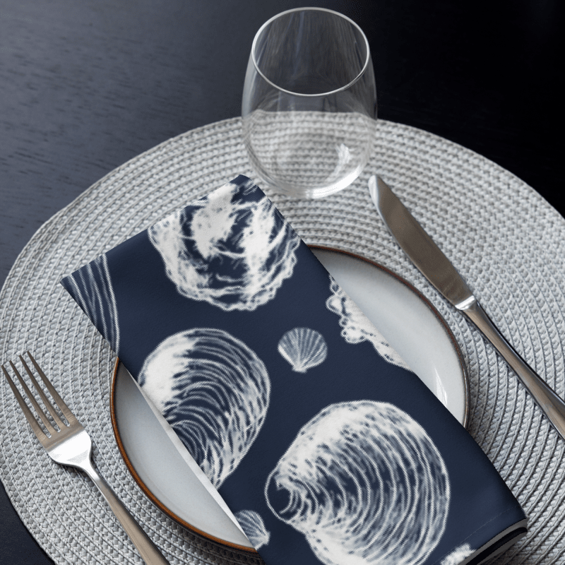 New England Tidal Treasures | Seashell Napkin Set | Monique Faella Designs™ | White on Dark Blue product image (4)