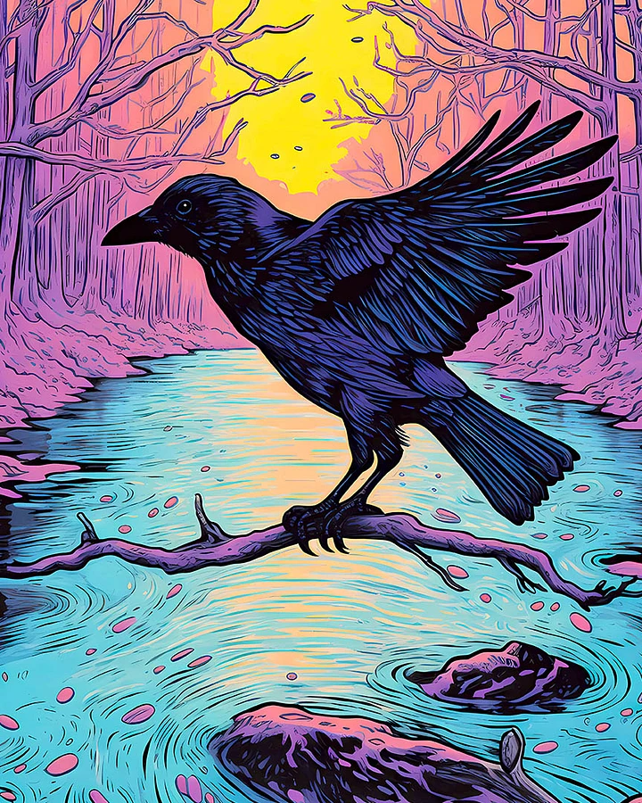 Raven on a Branch Enchanted Forest at Dusk Sunset Matte Poster product image (1)