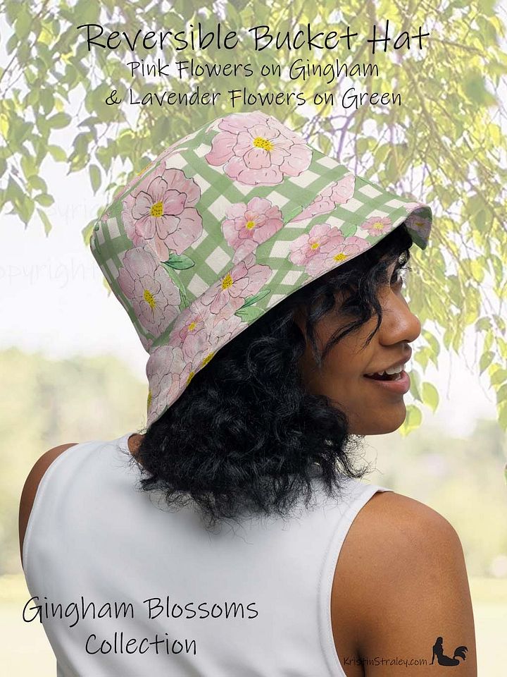 Pink Flowers on Gingham and Green Reversible Bucket Hat product image (1)