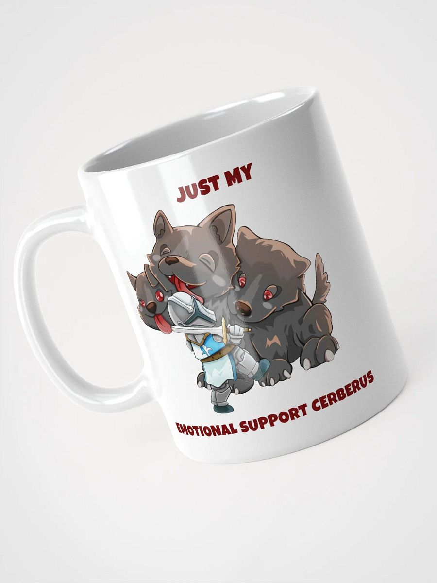 Emotional support Cerberus & Knight white ceramic mug 11oz 15oz 20oz for gamers and dog lovers product image (3)