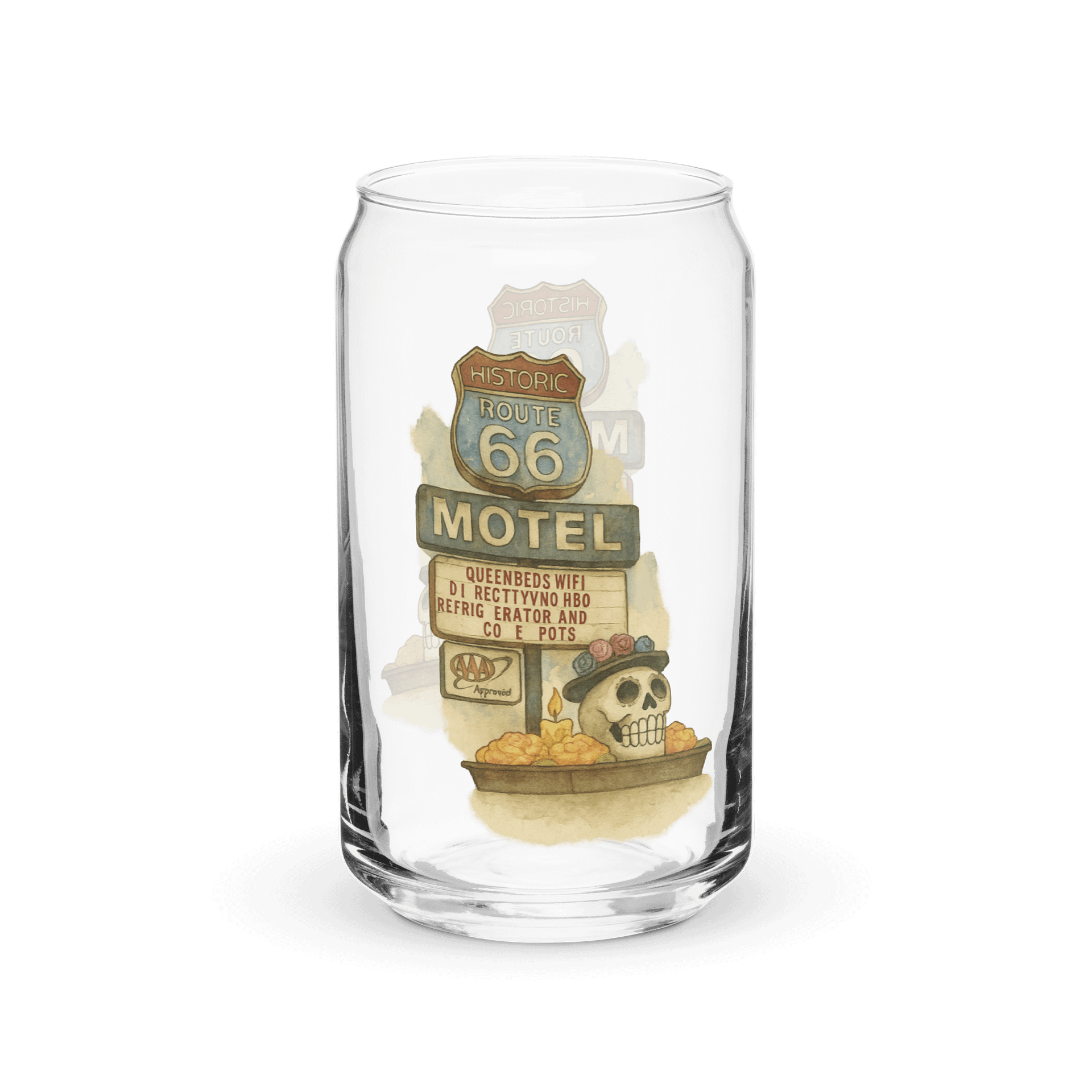 Route 66 Motel Glass – Vintage Skull & Flowers Can-Shaped Pint product image (4)