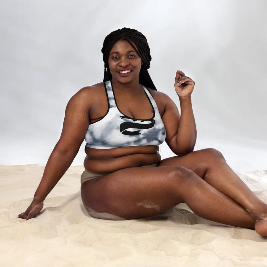 Gray tie dye background colour with Black ribbon design-All-Over Print Padded Sports Bra product image (5)