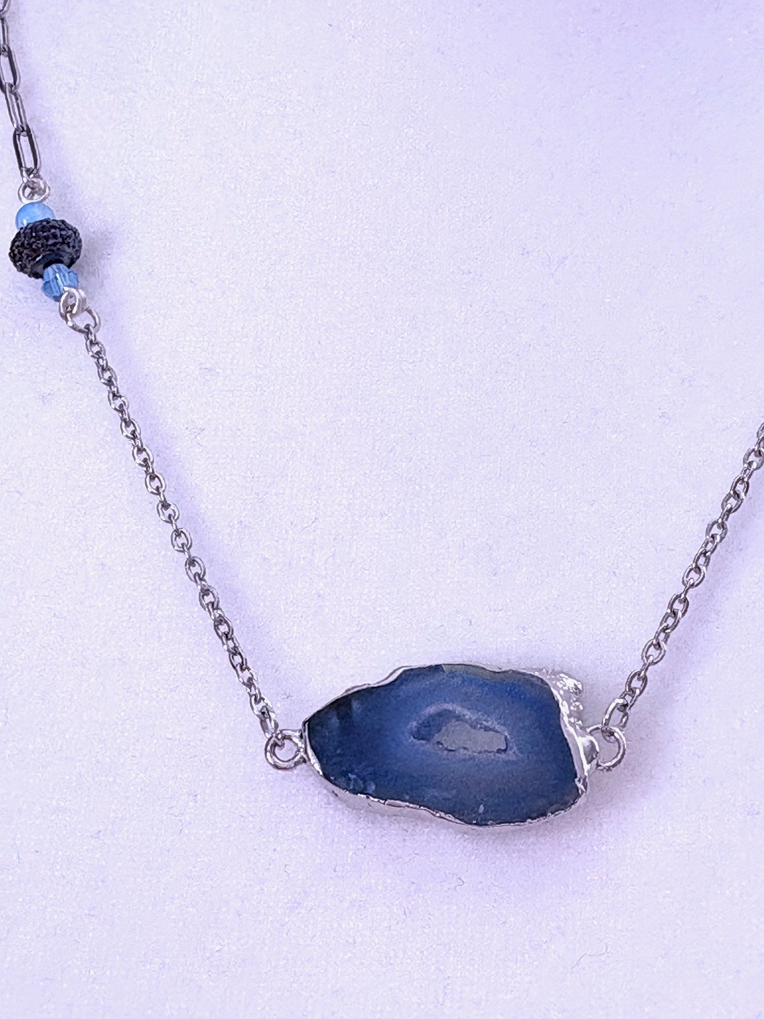 MFD-00267 | Blue Geode Druzy Pendant Necklace with Stainless Steel Link Chain and Paperclip Chain | December Birthstone Inspired | Handmade Jewelry by Monique Faella Designs™ product image (3)