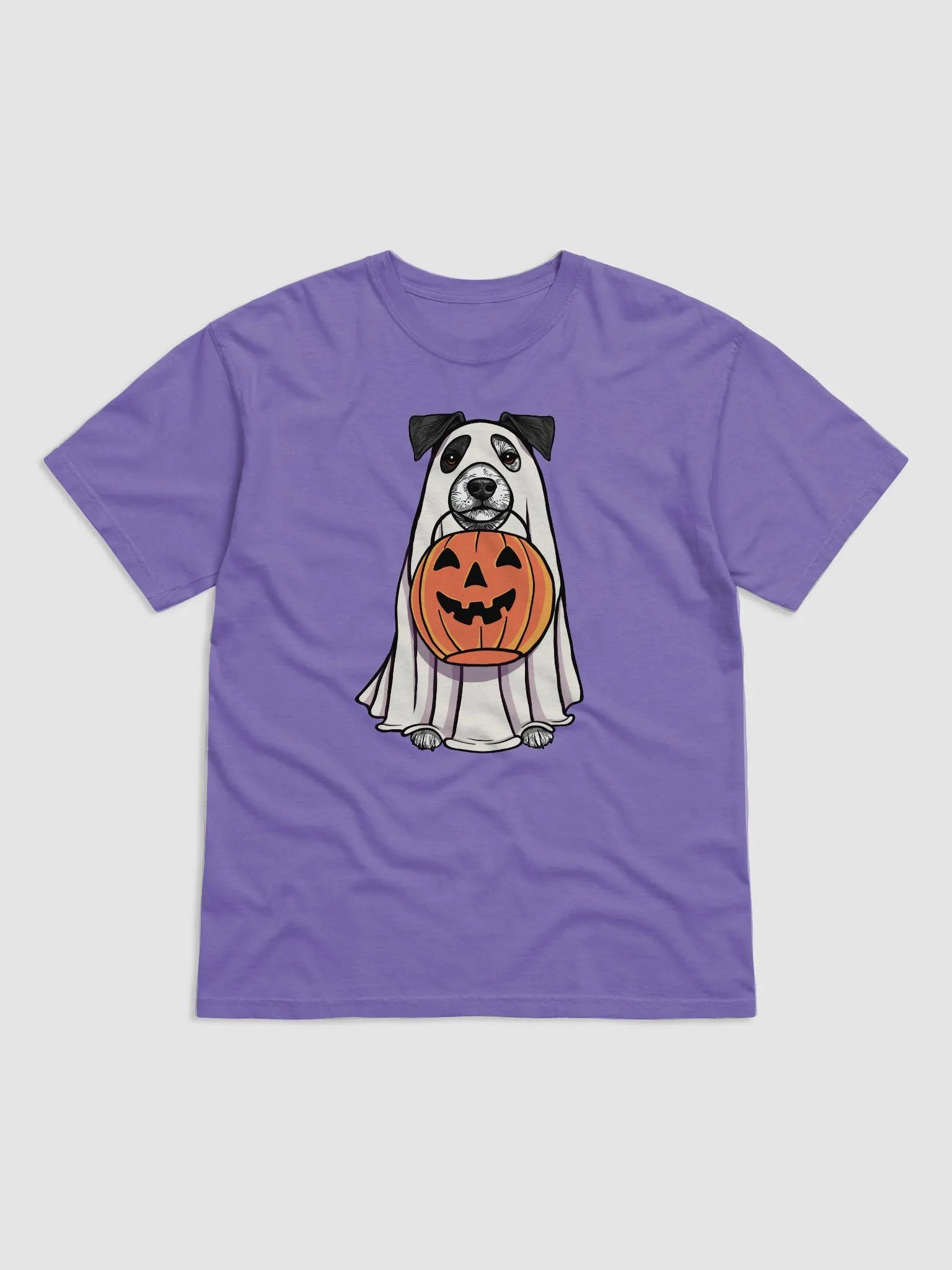 Funny Halloween Jack Russell Terrier(Black) T-Shirt | Funny JRT Wearing a Ghost Costume and Holding a Pumpkin Basket product image (27)