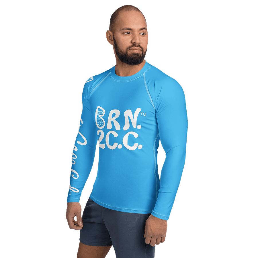 BRN.2C.C.™ /BOURNE to Cape Cod™ | Men’s Long Sleeve Rash Guard | UPF 50+ Active Coastal Shirt | White Logos on Deep Sky Blue product image (3)