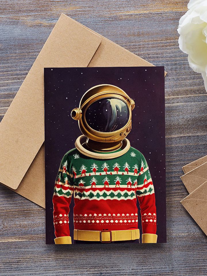 Retro Spaceman in an Ugly Sweater Kitsch Christmas Cards Pack of 10 • 5×7 product image (2)