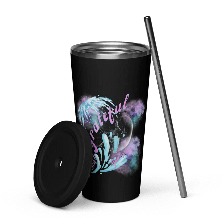 Insulated tumbler with beautiful swirly blue water splash and drops design featuring “grateful’ product image (5)