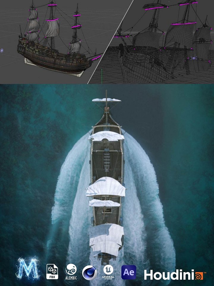 Realistic Pirate Ship Sailing - Sails Rigged & Animated with Wind (C4D, FBX, Alembic) product image (1)