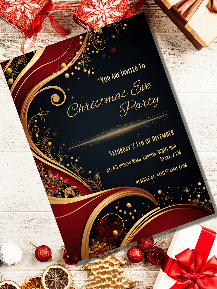Red and Gold Christmas Eve Party Invitation | Editable in Canva | Christmas Party Printable | Holiday Invitation Template | Link to Canva product image (2)