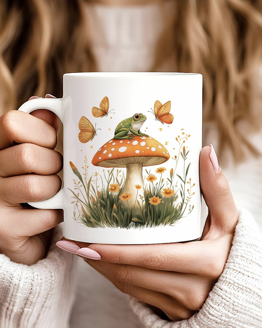 Whimsical Frog Mushroom Coffee Mug (White) product image (3)