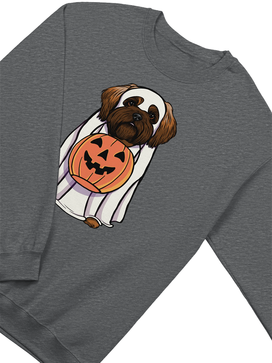 Funny Halloween Shih Tzu(Red Mask) Sweatshirt | Funny Dog Wearing a Ghost Costume and Holding a Pumpkin Basket product image (8)