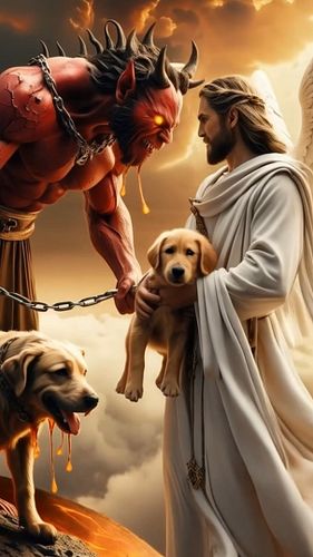 O monstro com suas correntes encaram o Anjo e seu cachorro bonzinho
#MonstroVsAnjo
#LendaUrbana
#ContoMisterioso