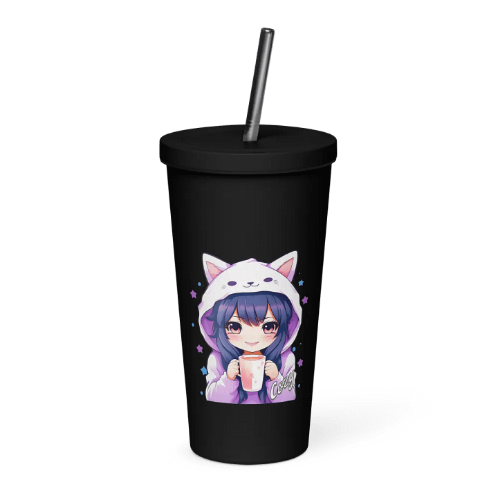 Cozy Kawaii Anime Girl 20 oz Tumbler Cup - Black - Insulated Tumbler with a Straw product image (1)