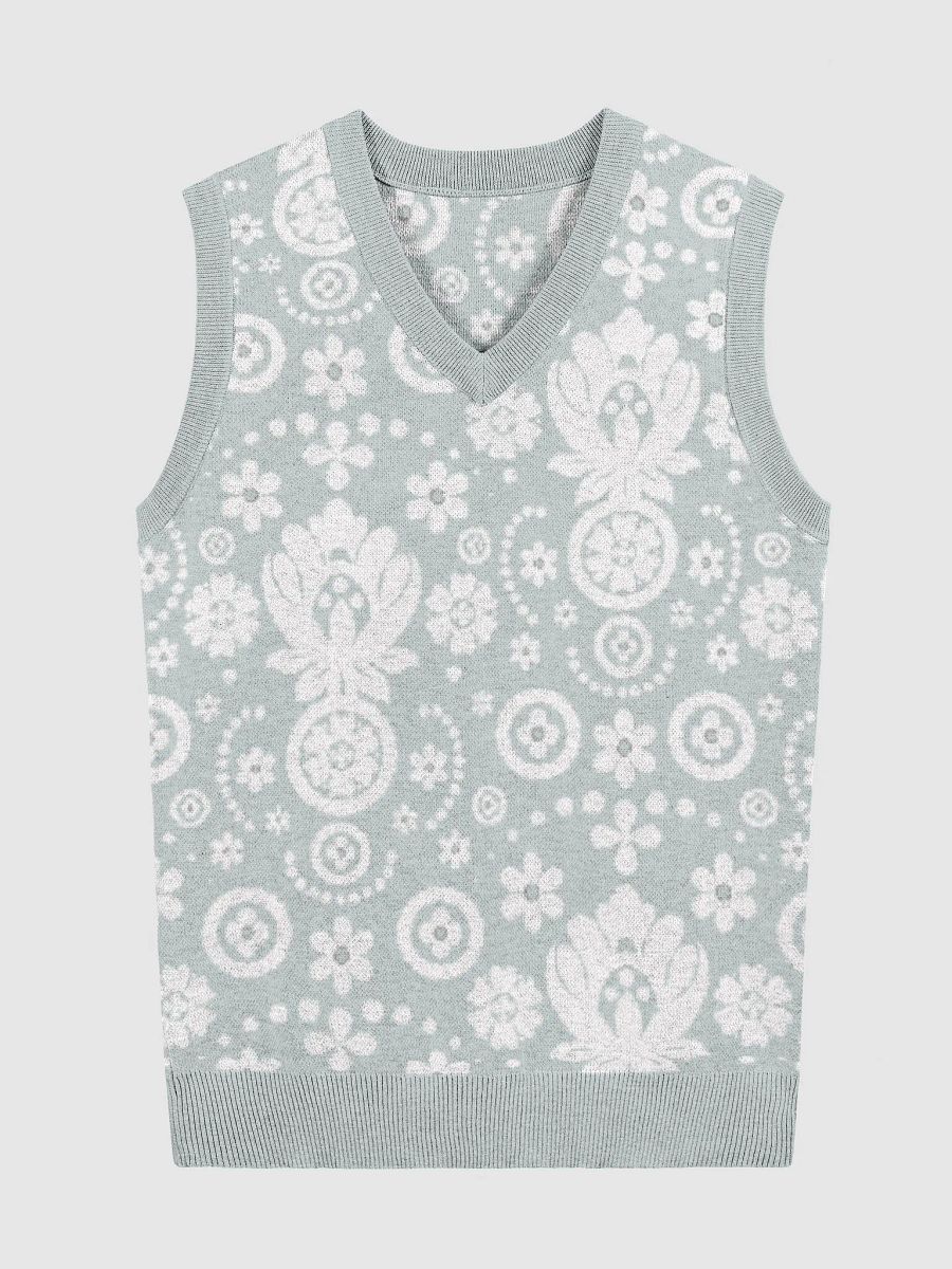 Sage Green Floral Lace Print Knitted Vest product image (1)