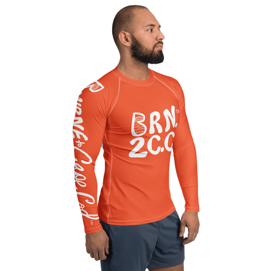 BRN.2C.C.™ /BOURNE to Cape Cod™ | Men’s Long Sleeve Rash Guard | UPF 50+ Active Coastal Shirt | White Logos on Outrageously Orange product image (6)