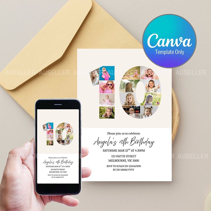 10th Birthday Photo Collage Editable Invitation Template product image (1)