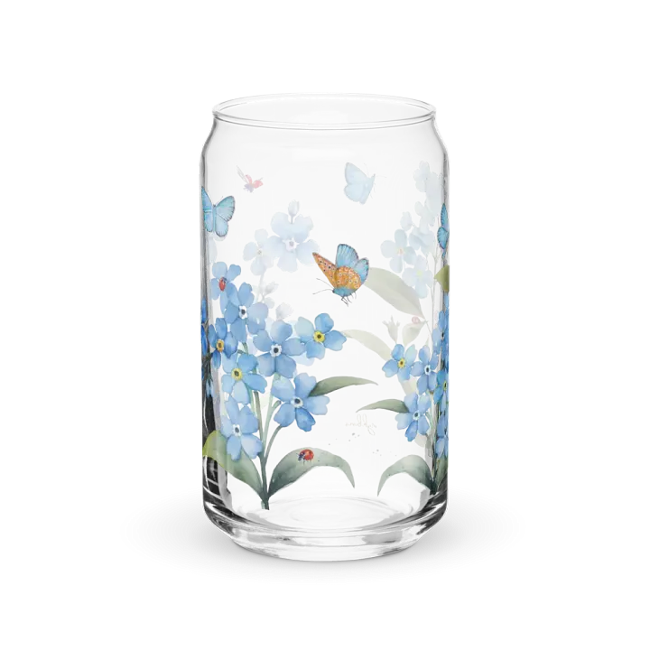 Forget-Me-Not Whispers Glass Can Tumbler | 16oz Eco-Friendly Botanical Drinkware | Blue Blossoms & Butterflies Design product image (1)