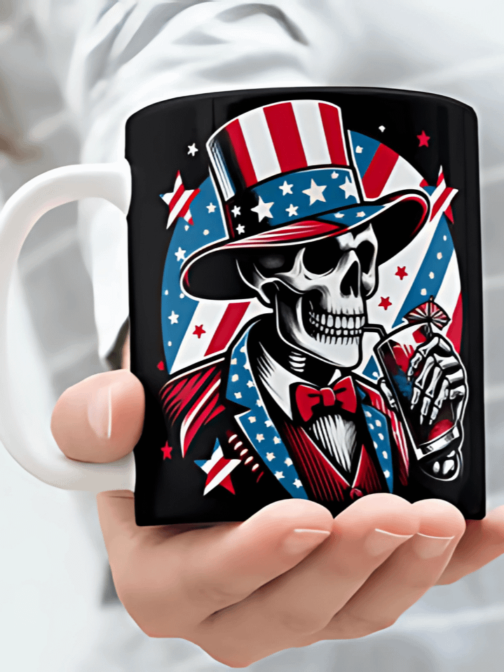 Funny American Skeleton Mug Wrap PNG – Humorous Watercolor 4th of July Sublimation Design for 11oz & 15oz Mugs – Independence Day Theme – 300 DPI Instant Download product image (1)