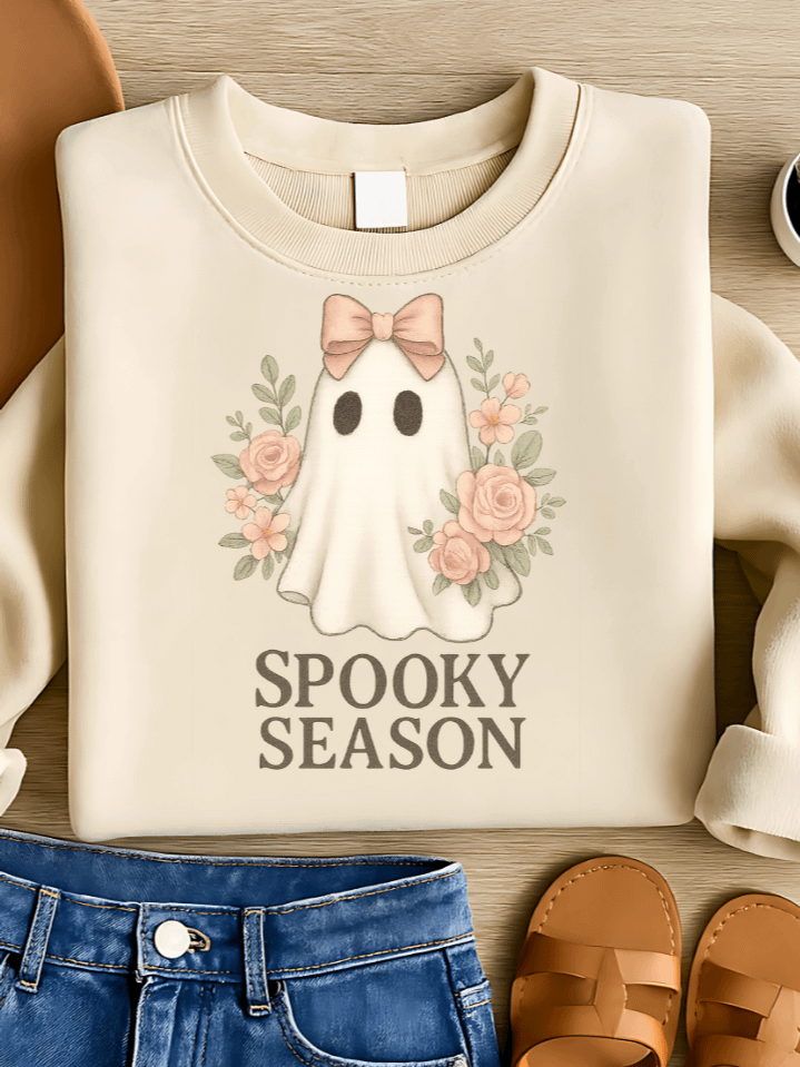 Spooky Coquette Ghost Sublimation PNG – Girly Halloween Clipart for T-Shirts – Pastel Floral Theme – 300 DPI Instant Digital Download product image (1)