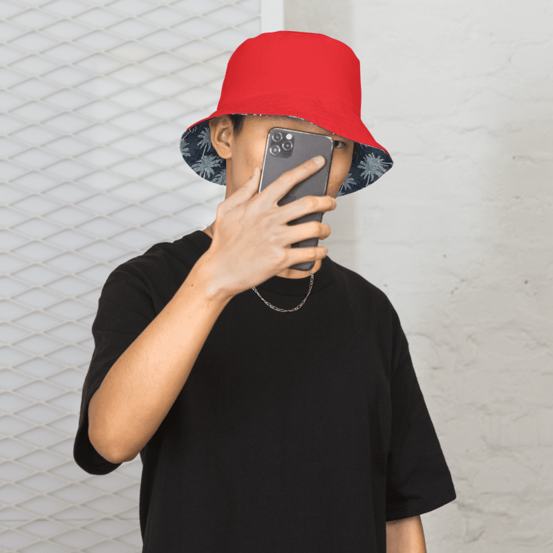 Tropical Palm Tree Bucket Hat – Navy & Ice Blue with Red Interior product image (3)