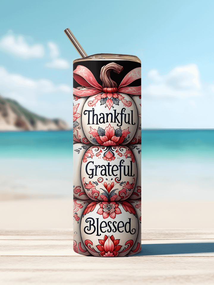 Thankful Grateful Blessed Pink & White Sublimation Design Stainless Steel Tumbler. product image (3)