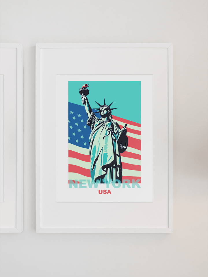Statue of Liberty with American Flag Poster, Patriotic New York USA Wall Art, Iconic Landmark Print, Bold Graphic Travel Decor product image (1)