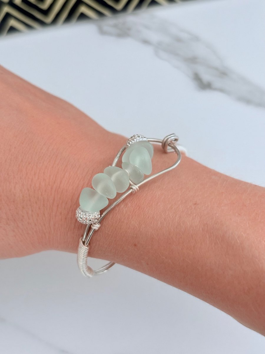 Seafoam Pebble Tide Bracelet | Wire-Wrapped Sea Glass | Handmade 6" Coastal Charm by Monique Faella Designs™ | MFD-00199 product image (7)