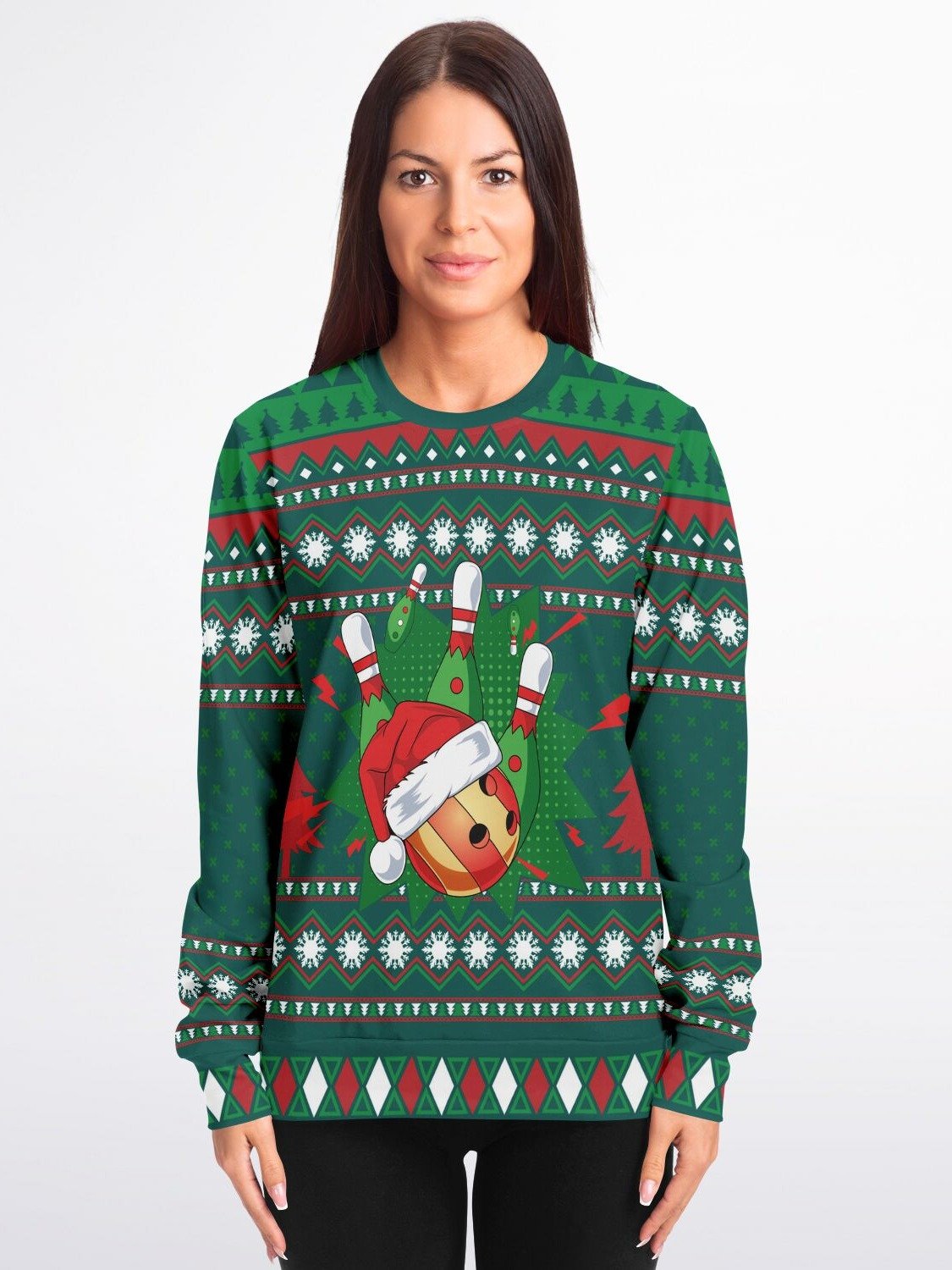 "Happy Bowling" Ugly Christmas Sweater | Santa Hat Ball Graphic Sweatshirt | Bowling Fan Holiday Outfit product image (3)