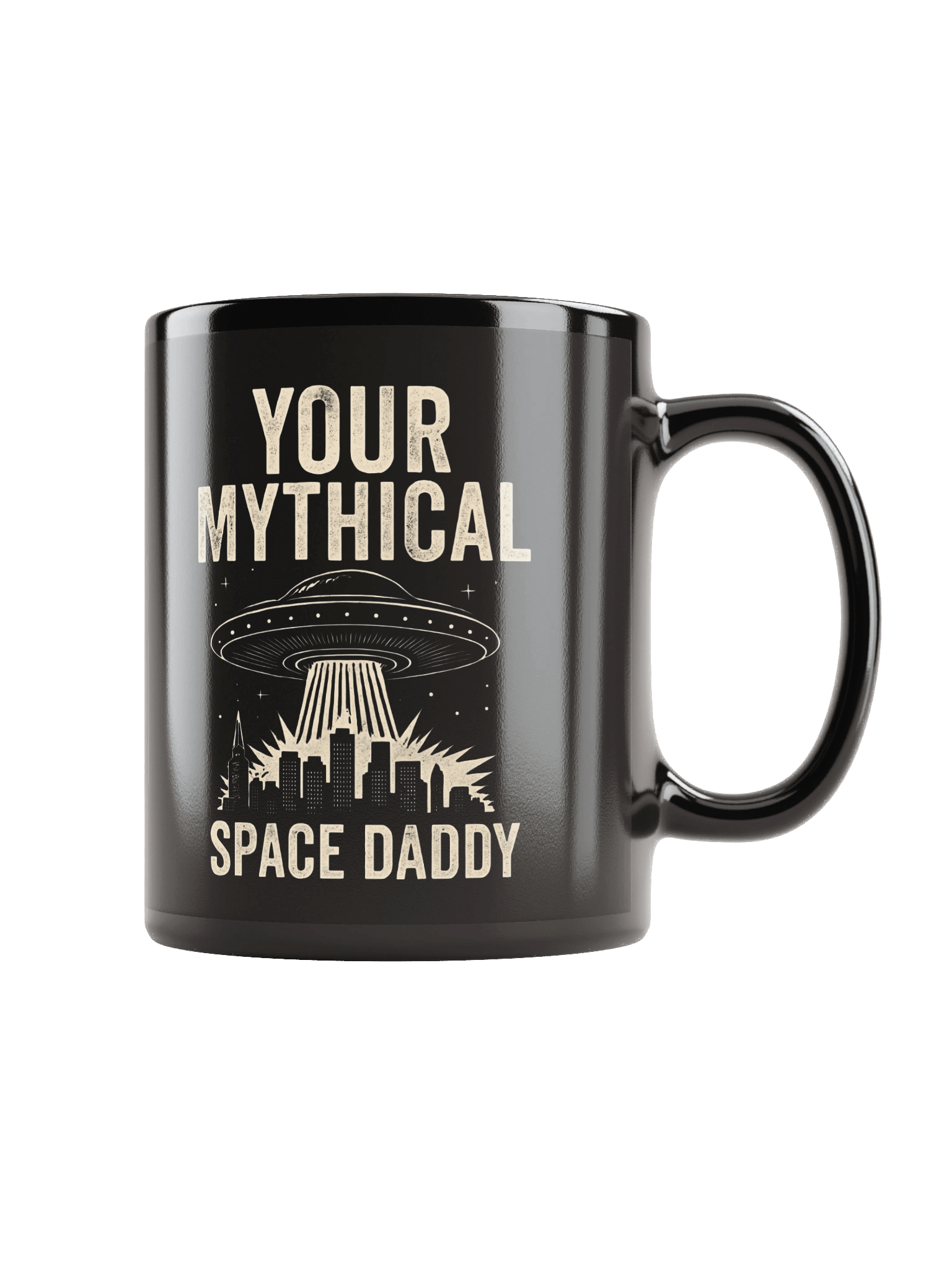 "Your Mythical Space Daddy" Mug – Dark Sci-Fi Cityscape Graphic Mug | Funny Sarcastic Alien Humor Mug product image (2)