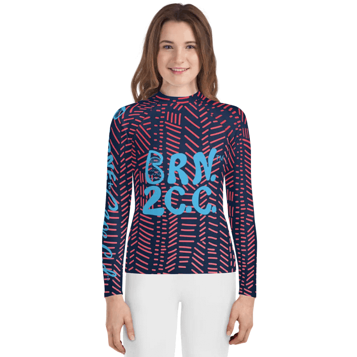 Girls' | YOUTH | Rash Guard | BRN.2C.C.™ Front Graphic | BOURNE to Cape Cod™ Sleeve & Back Logo | Coastal Swim Shirt for Kids | UV Protection Activewear | Blue Logo | Coral Dashes product image (1)