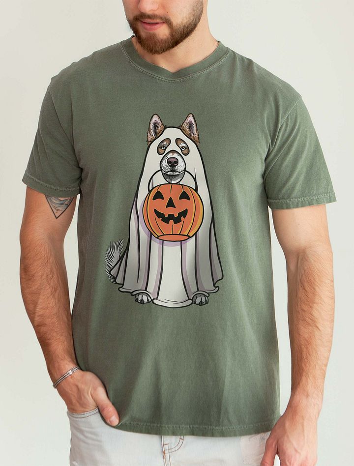 Funny Halloween Alaskan Malamute(Red) T-Shirt | Funny Dog Wearing a Ghost Costume and Holding a Pumpkin Basket product image (9)