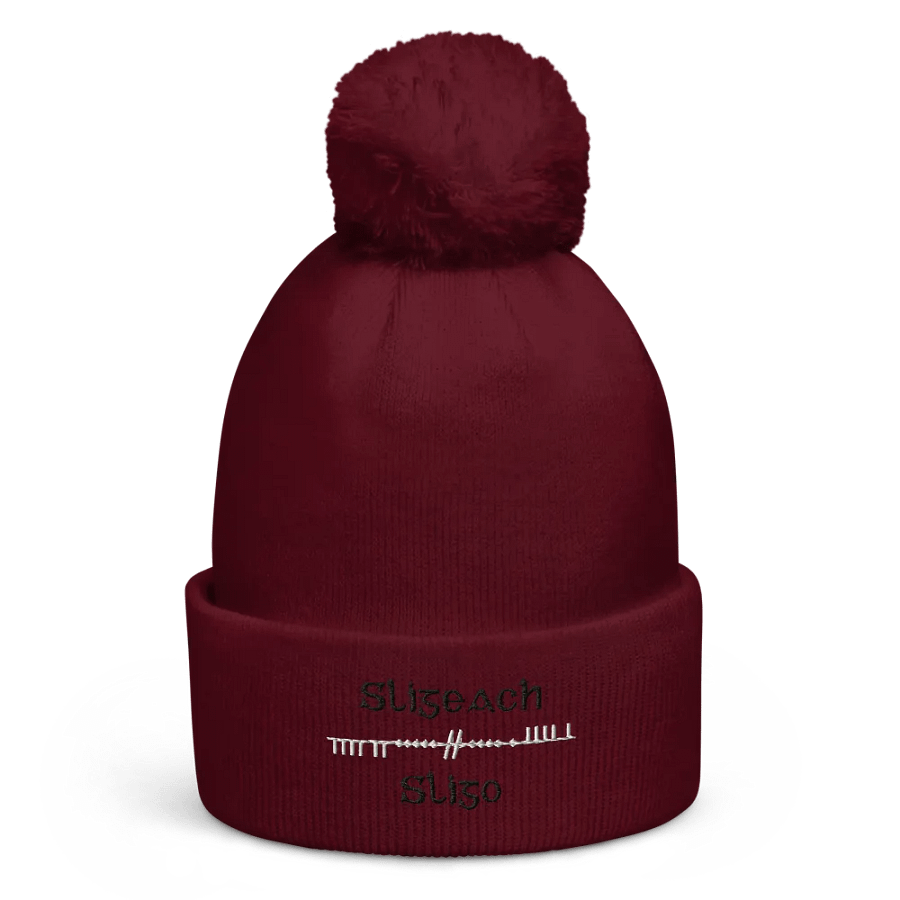 Sligo/Sligeach Scholastic style Ogham, black and white, embroidered Pom-Pom Beanie product image (1)