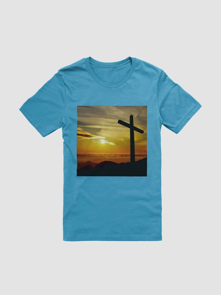 Large cross silhouetted against a dramatic sunset, vibrant hues of yellow, orange, dominate the sky, with clouds and distant mountains t-shirt product image (1)