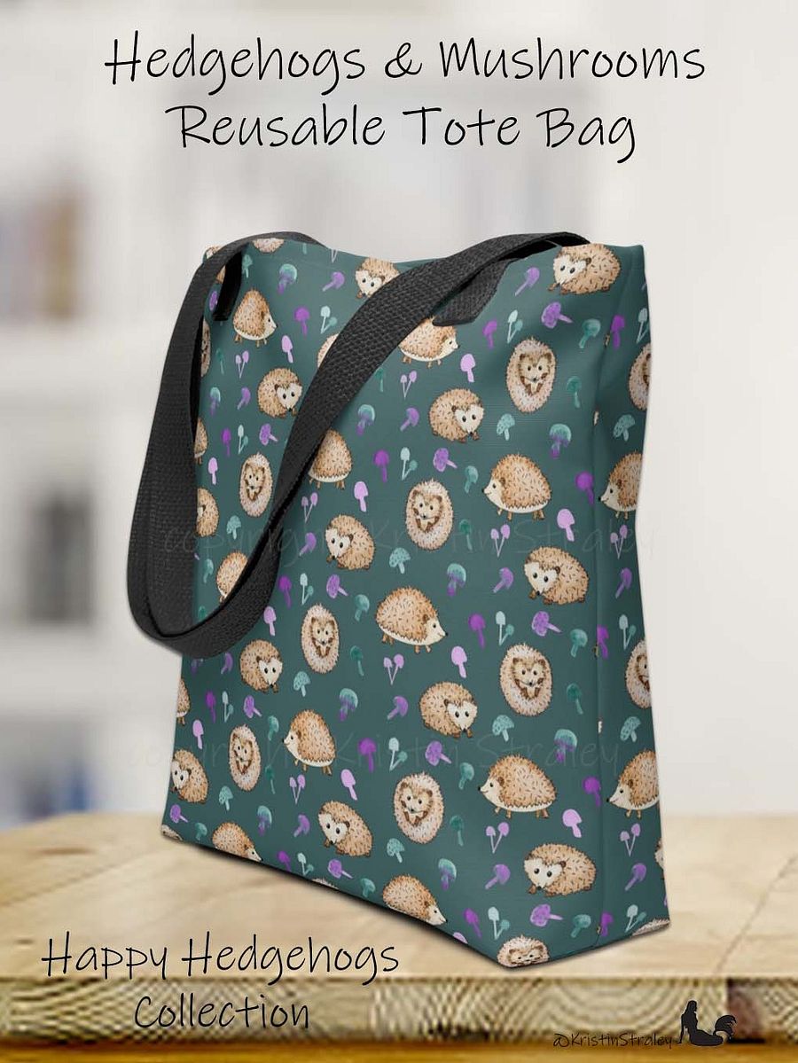 Hedgehogs and Mushrooms on Dark Teal Tote Bag product image (1)