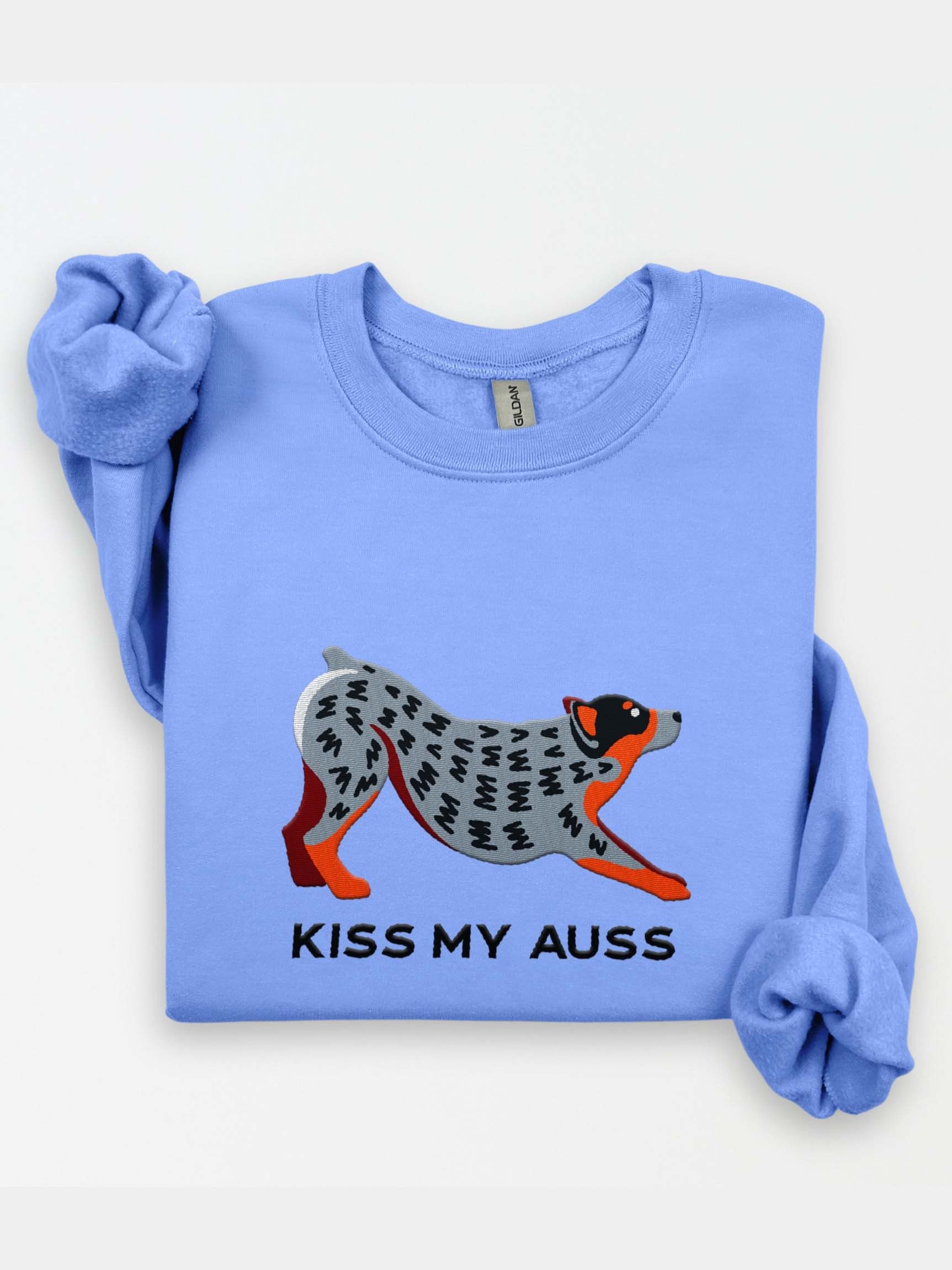 Kiss My Auss Sweatshirt (Embroidered) of an Australian Cattle Dog(Blue Heeler 2, Docked Tail) product image (1)