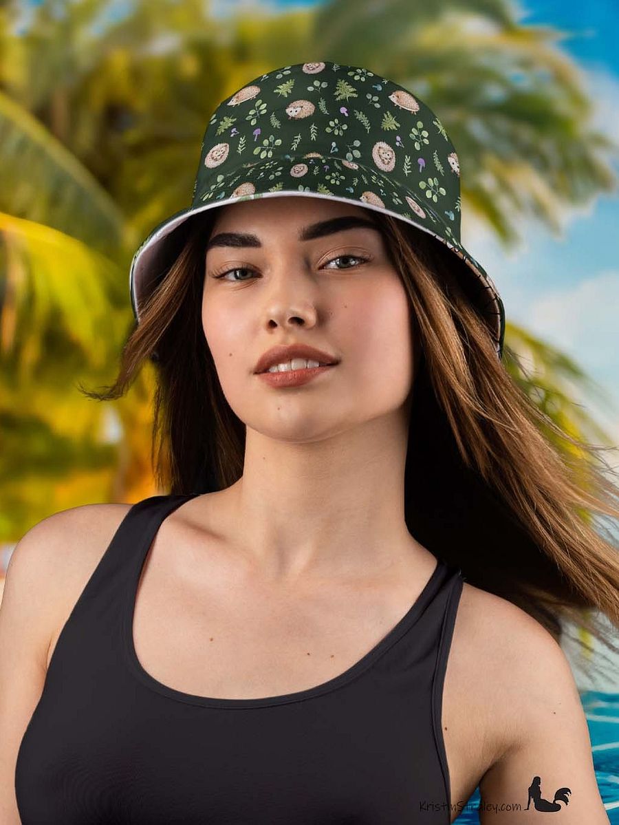 Hedgehogs Reversible Bucket Hat with Hedgehogs on White and Dark Green product image (9)