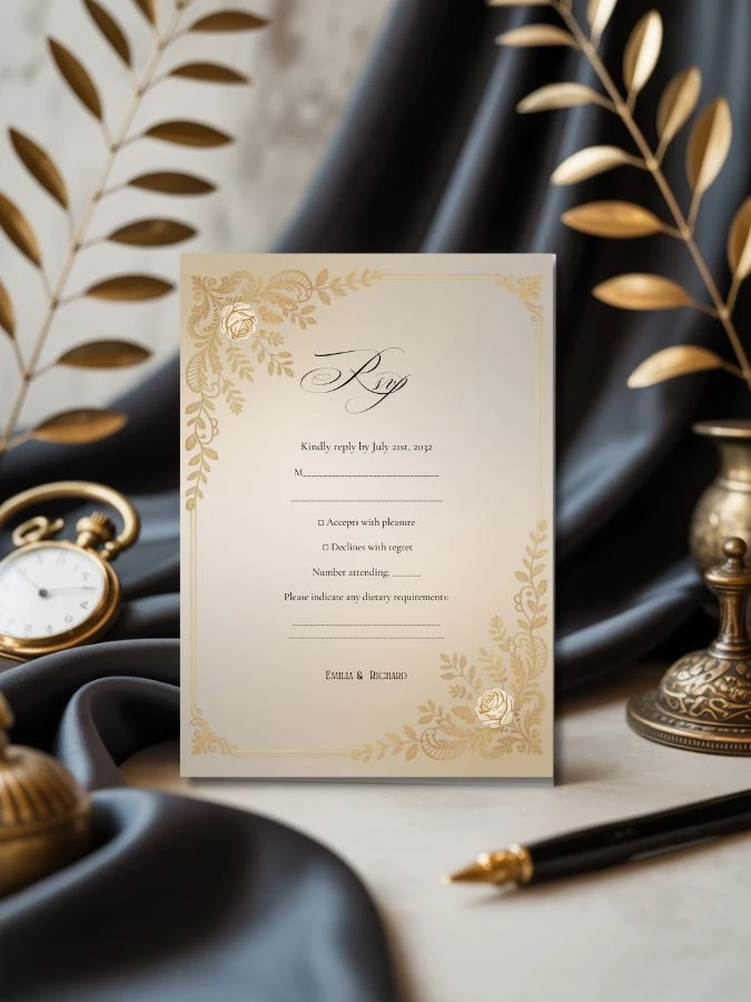 editable vintage Gold rsvp with black text template canva