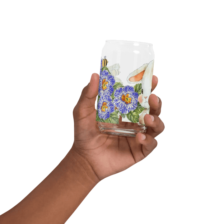 Garden Whispers: Bunny and the Primula Zebra Blues | 16oz Glass Can | Nature-Inspired Drinkware product image (2)