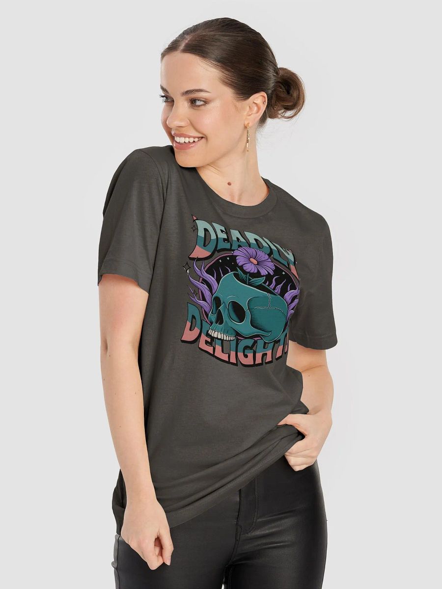“DEADLY DELIGHTS” t-shirt, Skull design t-shirt, Halloween themed shirt, Unique Halloween outfit, Daring fashion statement, Floral skull shirt, Halloween party attire, gift idea product image (8)