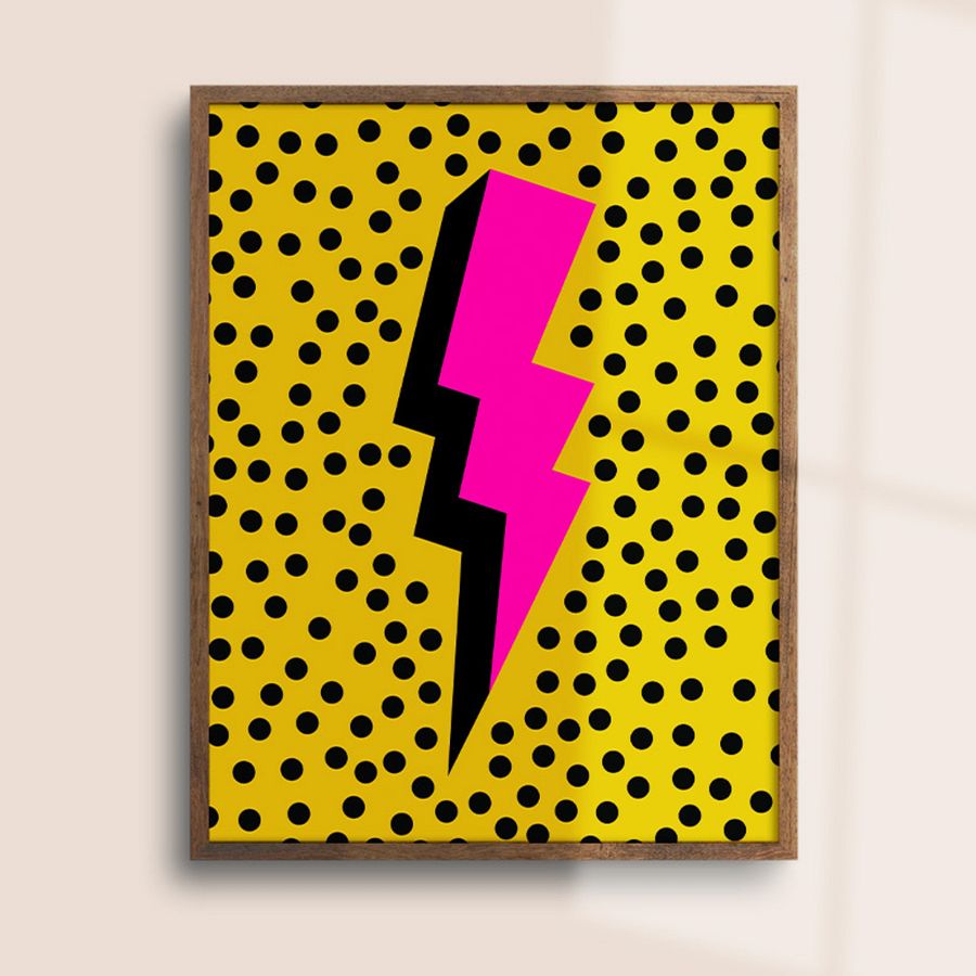Pink Lightening Bolt on Yellow Dotted Retro Art Print product image (8)