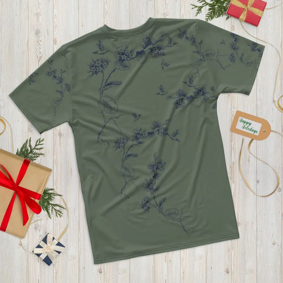 olive green all  over printed unisex T shirt with humming bird design. Outdoors vibe ideal for the person who enjoys birding. product image (11)