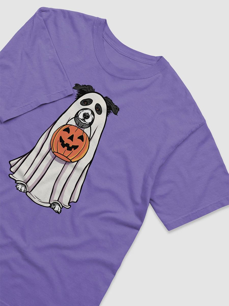 Funny Halloween Australian Shepherd(Black and White)T-Shirt | Funny Aussie Wearing a Ghost Costume and Holding a Pumpkin Basket product image (21)