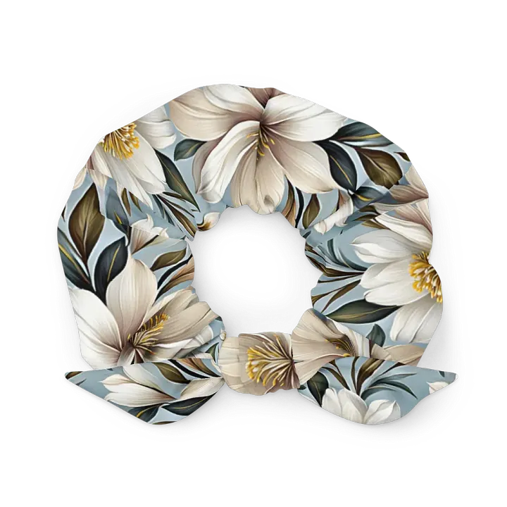 Hair Scrunchie - White and Beige Flowers on a Light Blue Background product image (2)