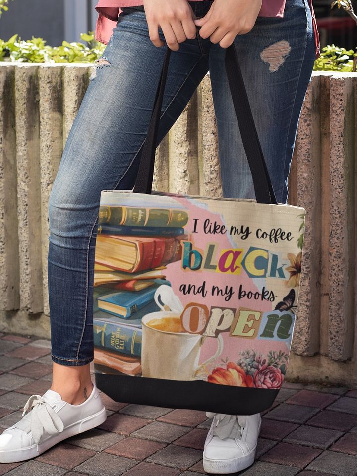 Vintage scrapbooking shopping bag for book lovers - I like my coffee black and my books open product image (1)
