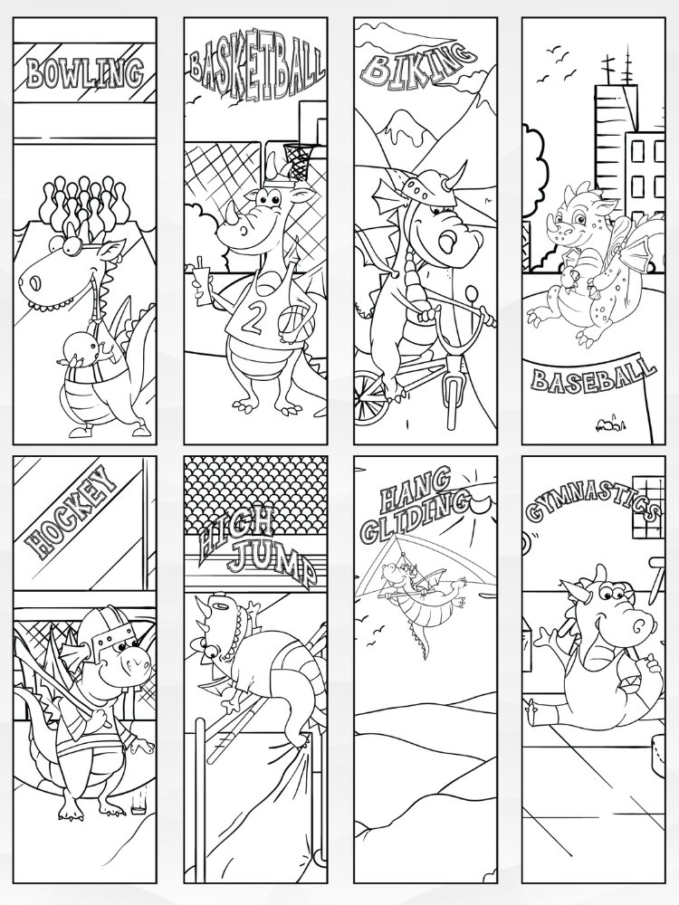 Printable Dragons Playing Sports Coloring Bookmarks - 2
