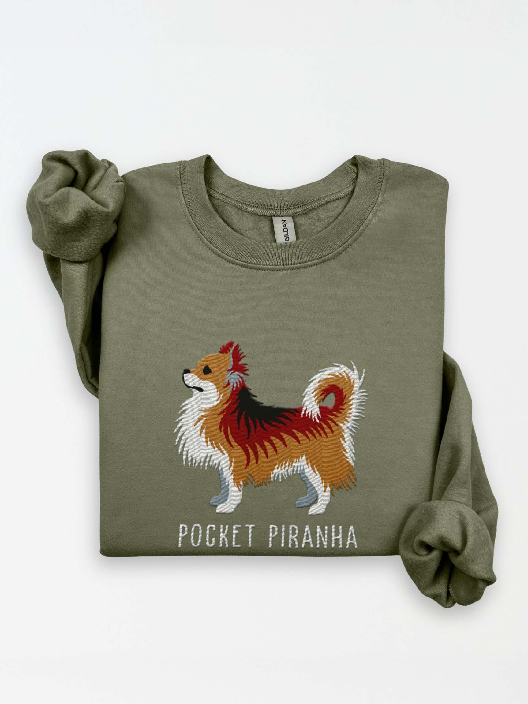 Pocket Piranha Sweatshirt (Embroidered) of a Longhaired Chihuahua(Sable) product image (1)