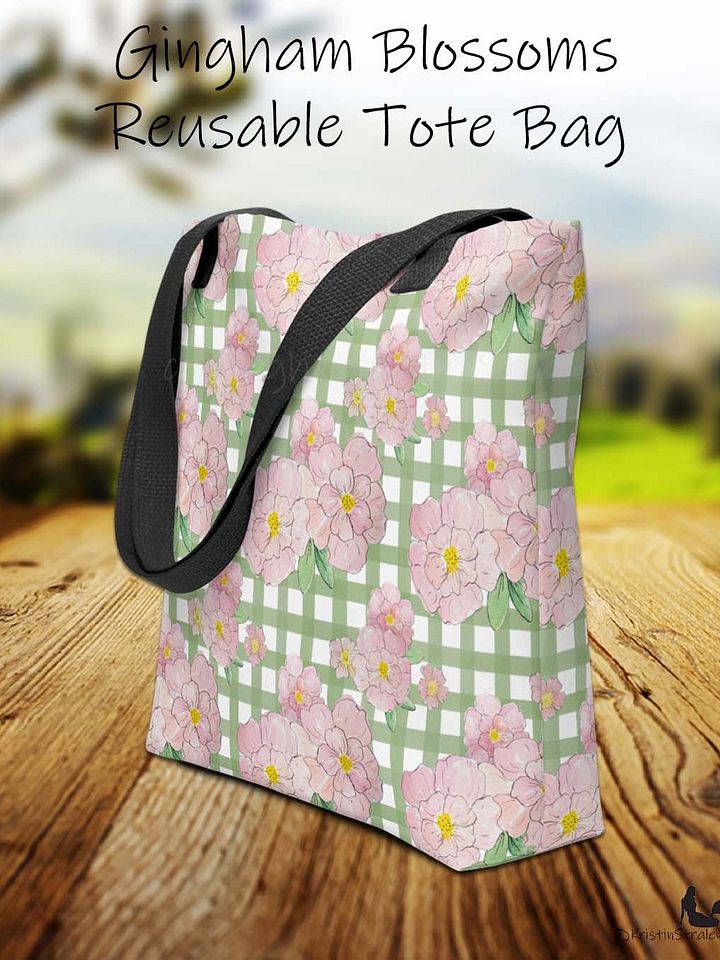 Gingham Blossoms - Med Pink Flowers on Green Gingham product image (1)